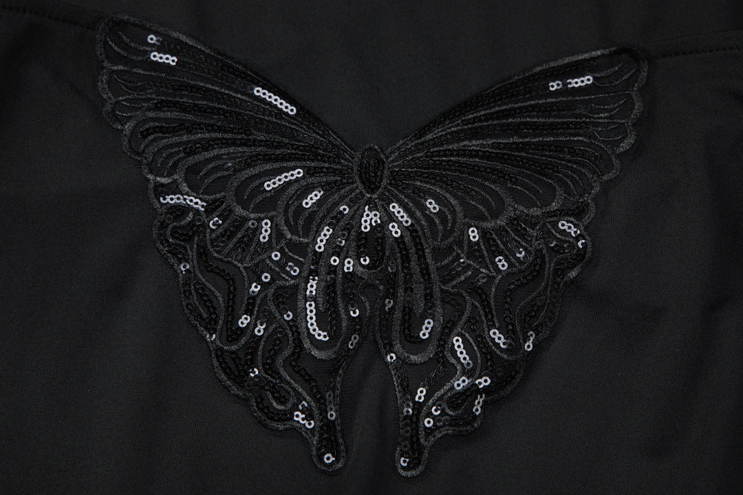 Glitter cowl neck halter butterfly embroidery mini dress