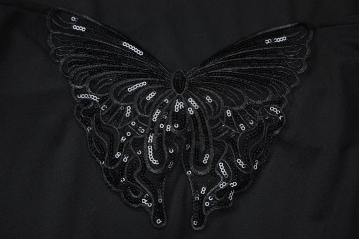 Glitter cowl neck halter butterfly embroidery mini dress