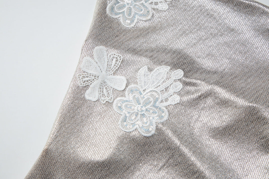 Irregular cowl neck embroidery halter mini dress