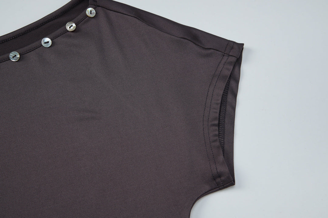 Short sleeve irregular button applique mini dress