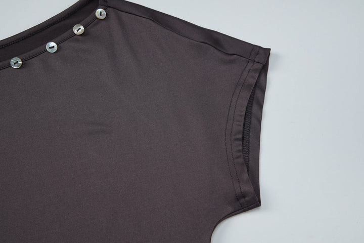 Short sleeve irregular button applique mini dress