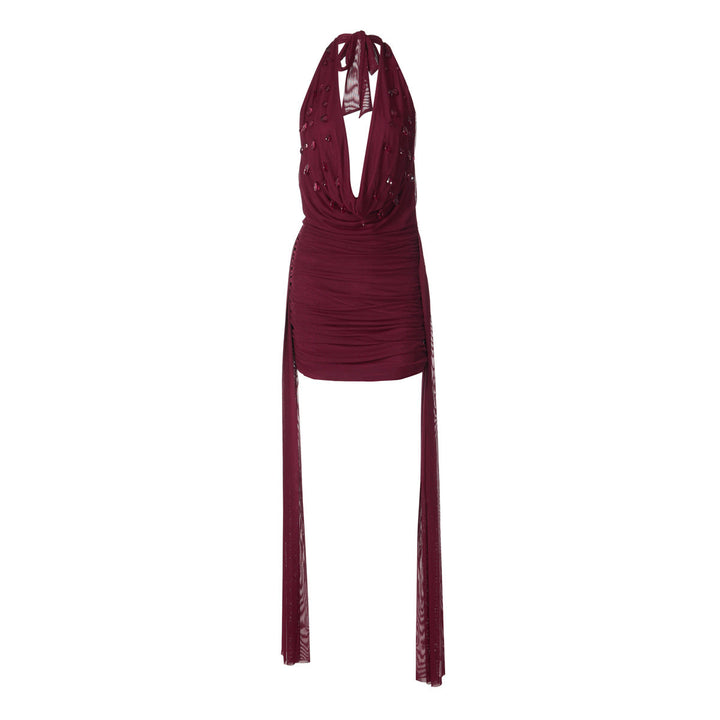 Halter cowl neck self tie water drop applique mini dress