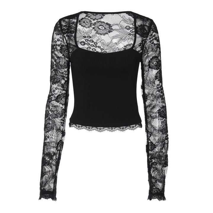 Lace hollow out long sleeve solid top