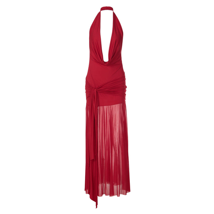 Cowl neck halter slit mesh irregular maxi dress
