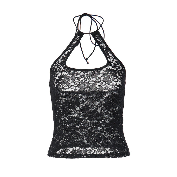 Lace see through halter self tie backless top