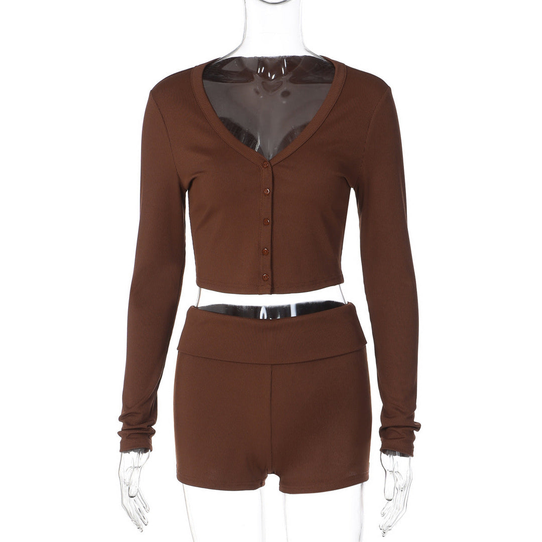 Ribbed long sleeve button v neck low rise pant set