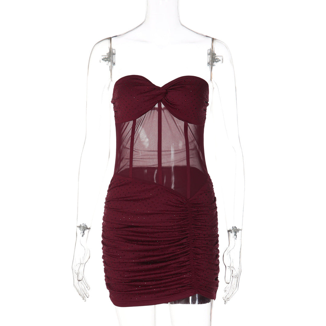 Ruched sweetheart neck beaded tube mini dress