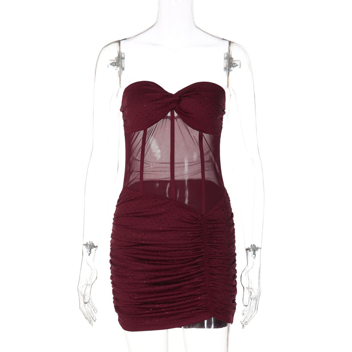 Ruched sweetheart neck beaded tube mini dress