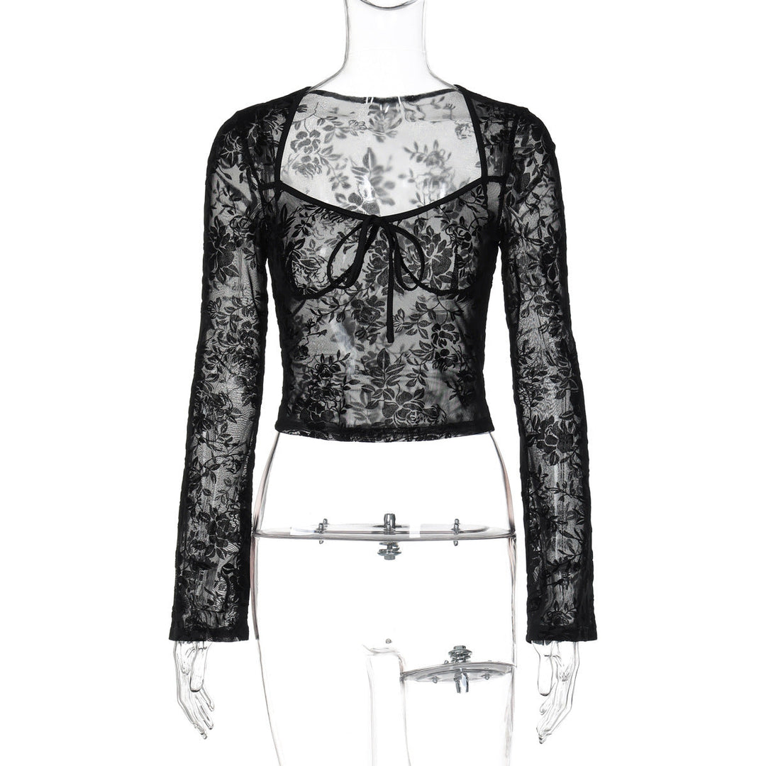 Long sleeve mesh see through v neck self tie top