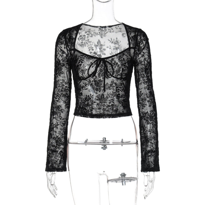 Long sleeve mesh see through v neck self tie top