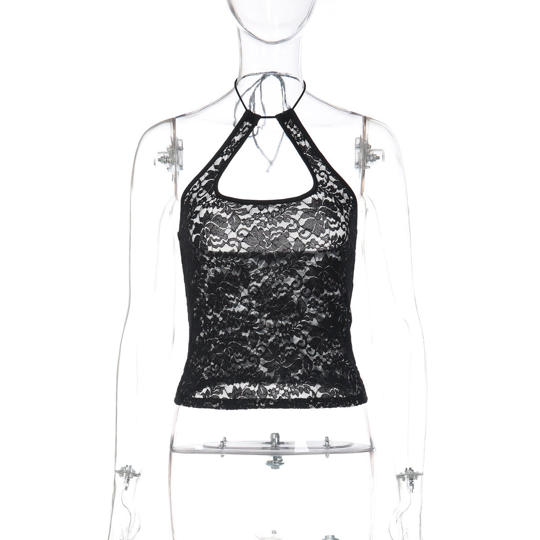 Lace see through halter self tie backless top
