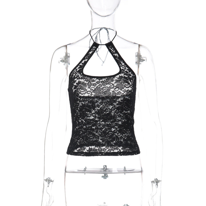 Lace see through halter self tie backless top