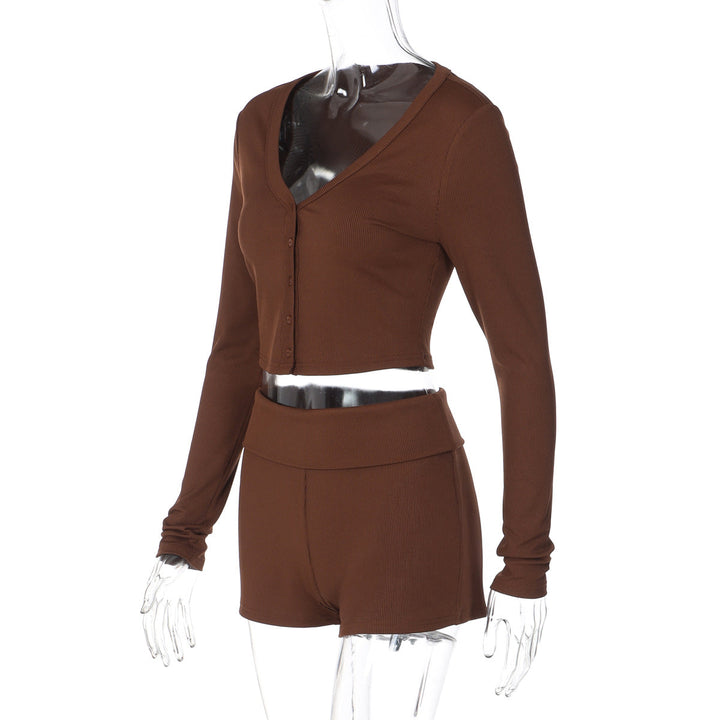 Ribbed long sleeve button v neck low rise pant set