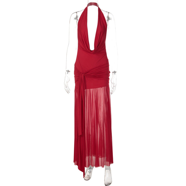 Cowl neck halter slit mesh irregular maxi dress