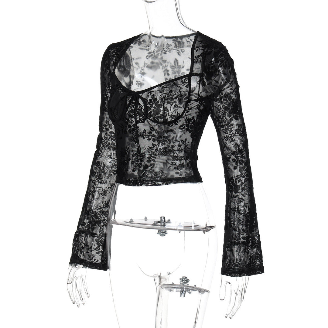 Long sleeve mesh see through v neck self tie top