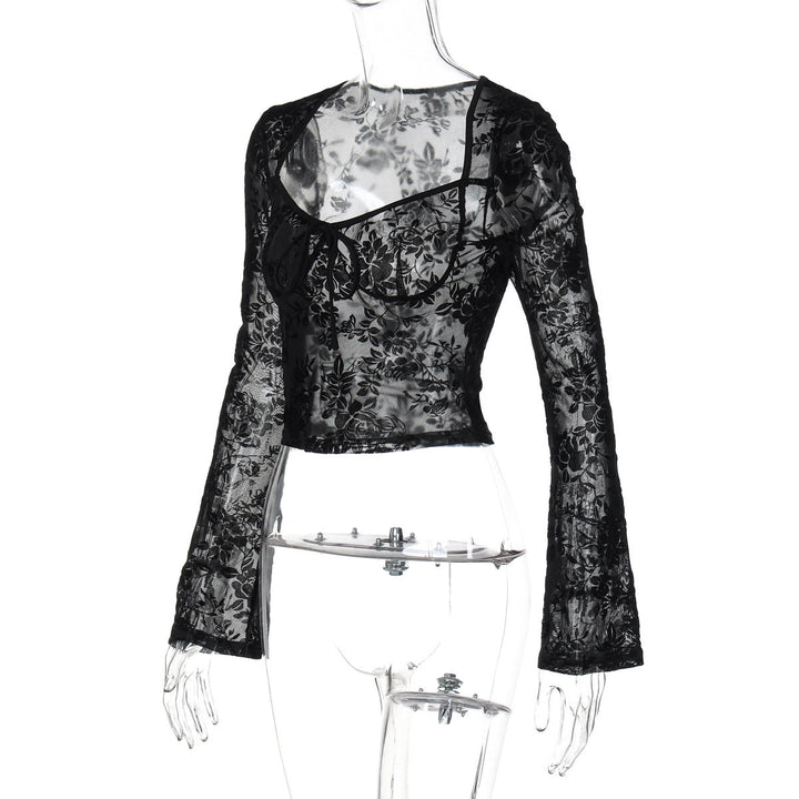 Long sleeve mesh see through v neck self tie top