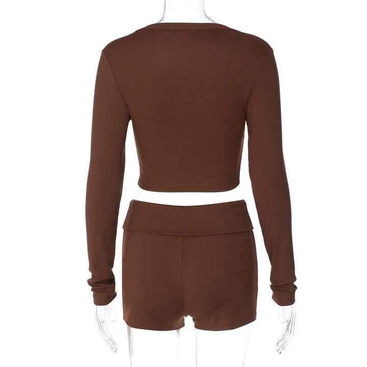 Ribbed long sleeve button v neck low rise pant set