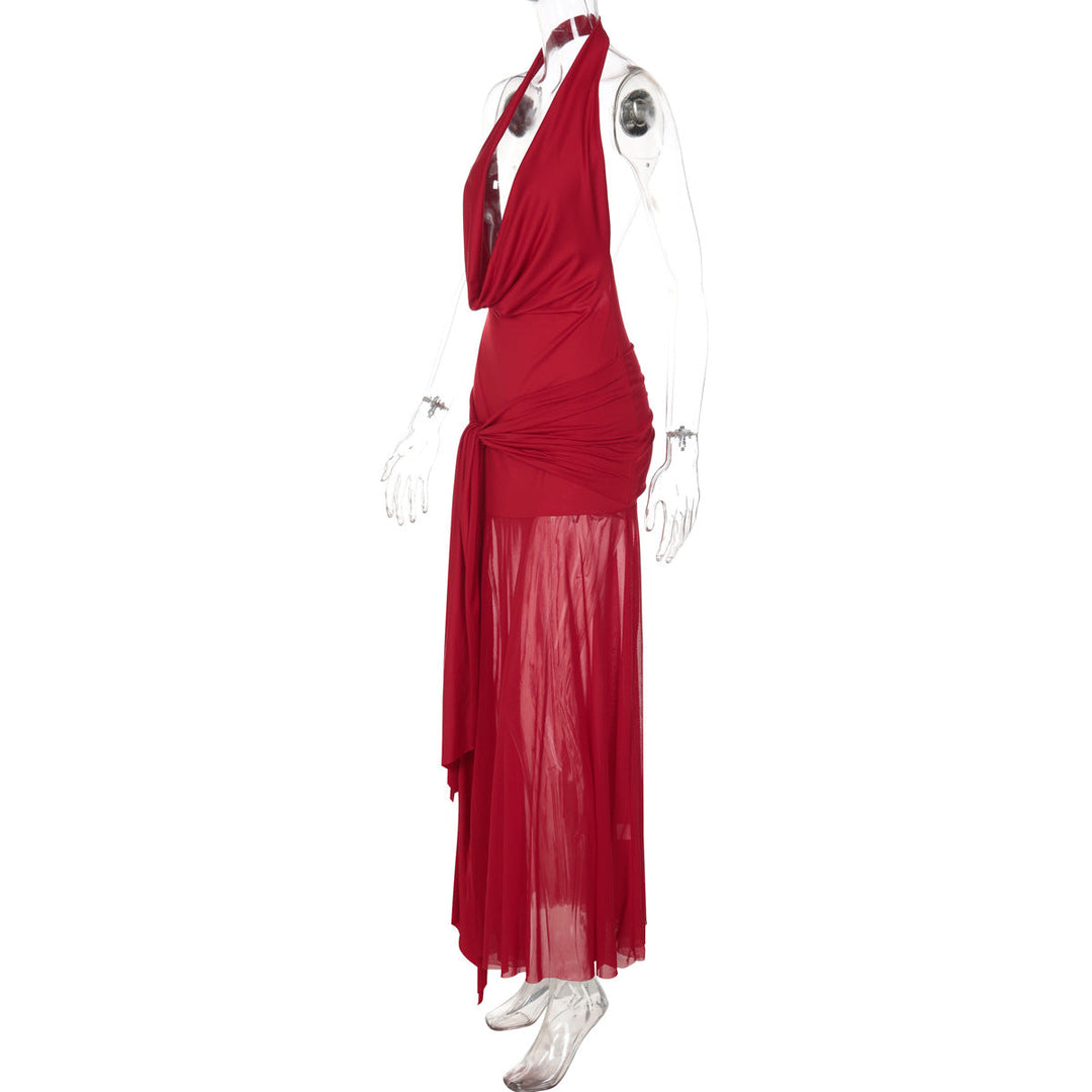 Cowl neck halter slit mesh irregular maxi dress