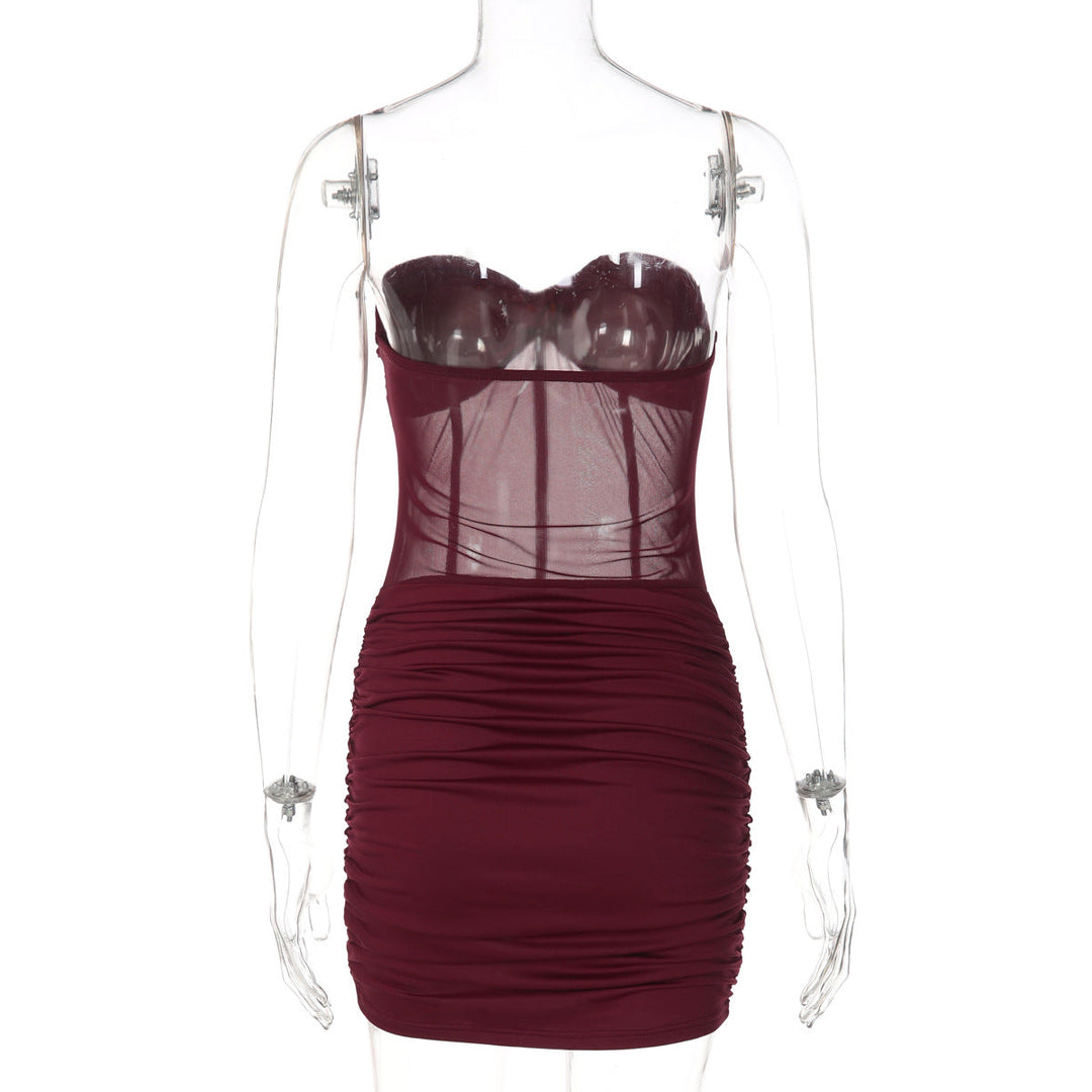 Ruched sweetheart neck beaded tube mini dress