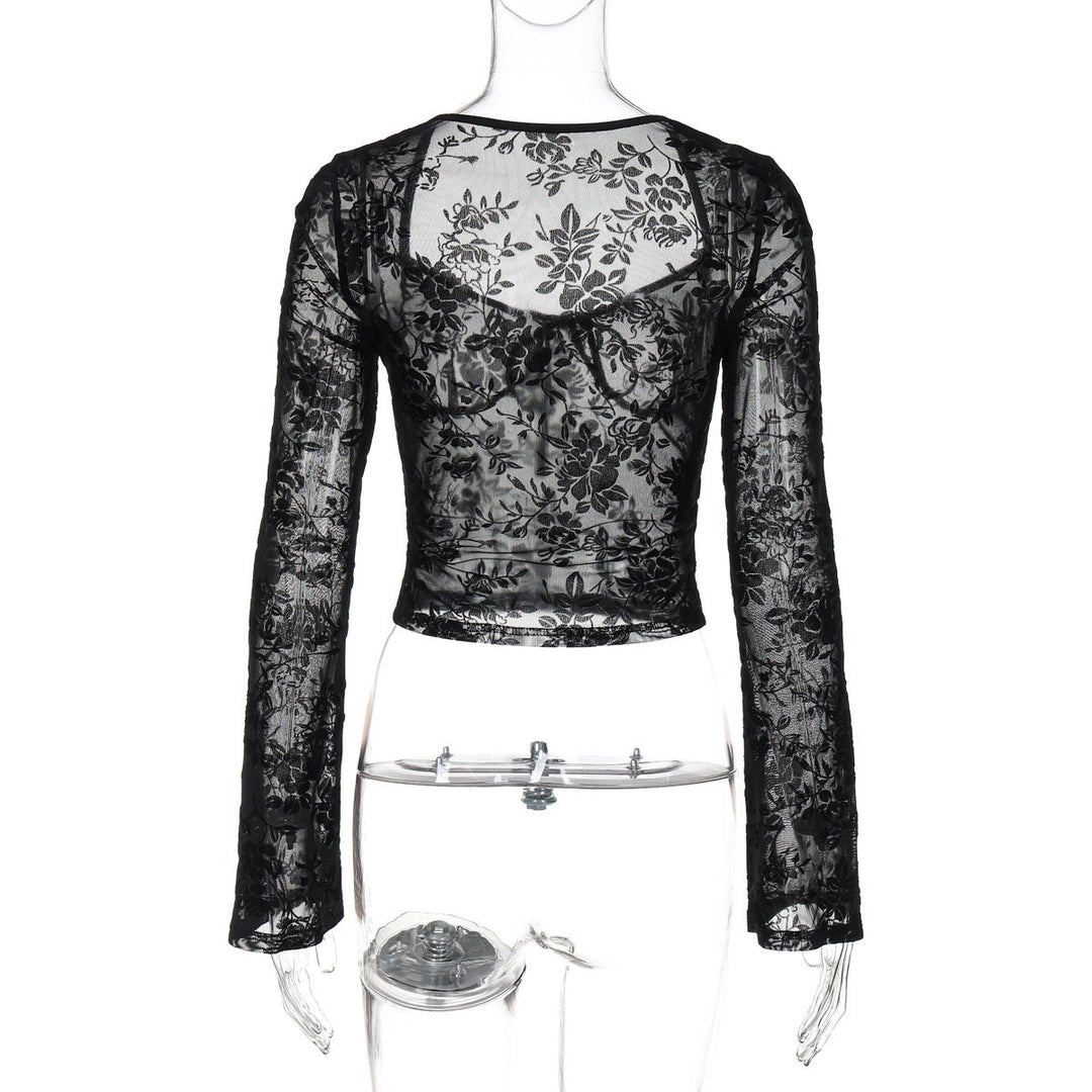 Long sleeve mesh see through v neck self tie top