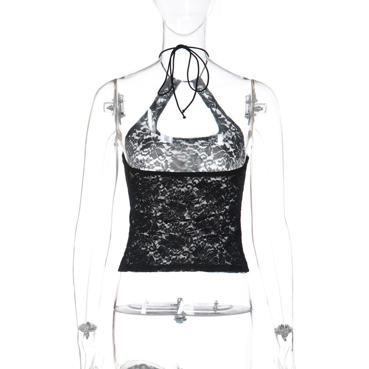 Lace see through halter self tie backless top