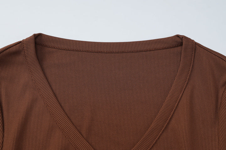 Ribbed long sleeve button v neck low rise pant set