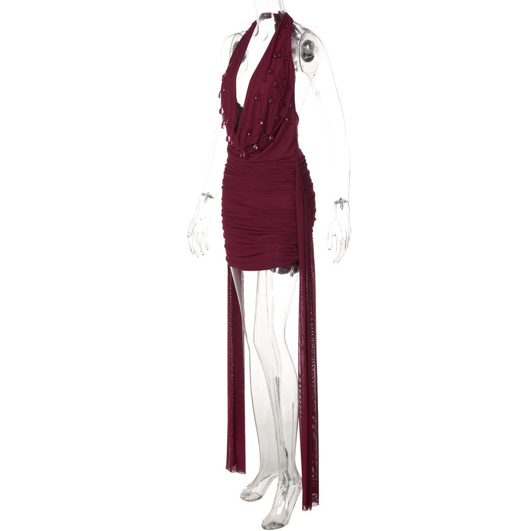 Halter cowl neck self tie water drop applique mini dress