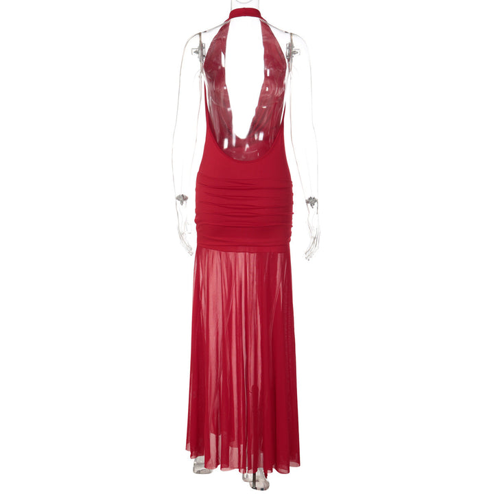Cowl neck halter slit mesh irregular maxi dress