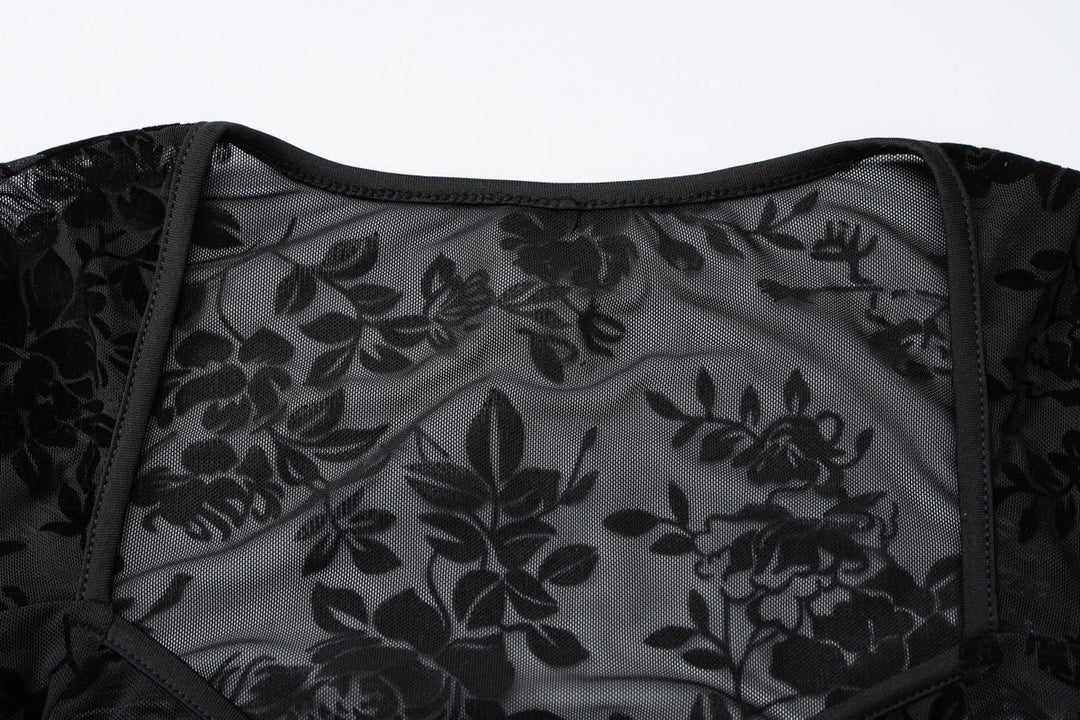 Long sleeve mesh see through v neck self tie top