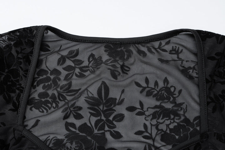 Long sleeve mesh see through v neck self tie top