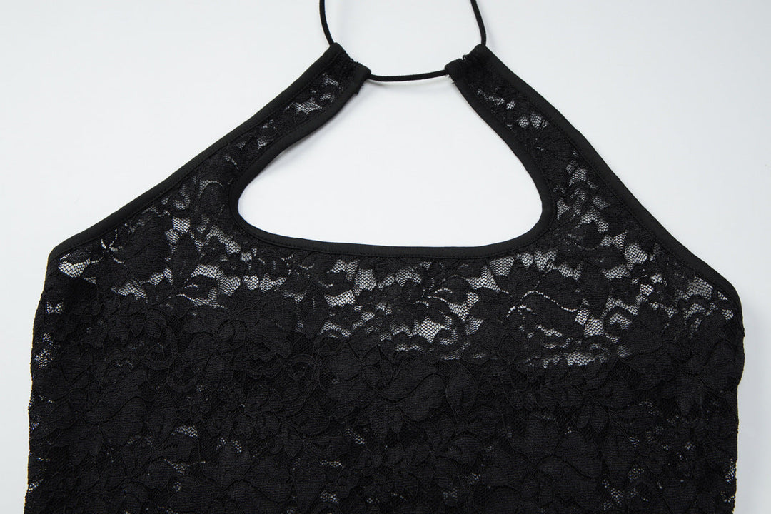 Lace see through halter self tie backless top
