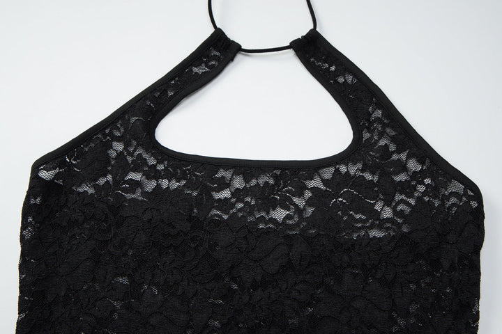 Lace see through halter self tie backless top