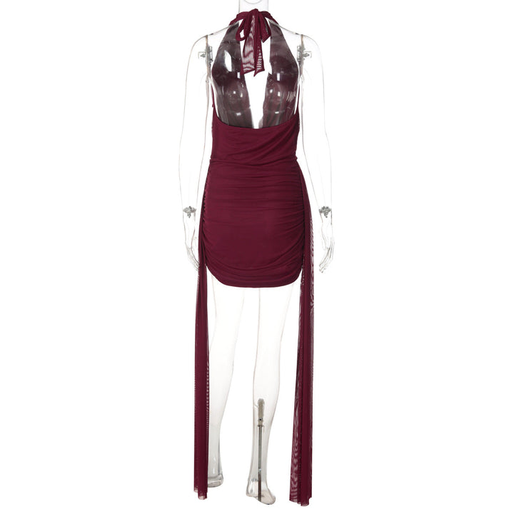 Halter cowl neck self tie water drop applique mini dress