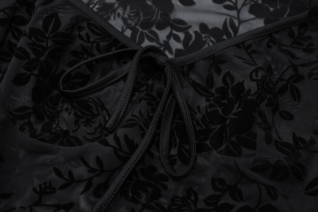 Long sleeve mesh see through v neck self tie top