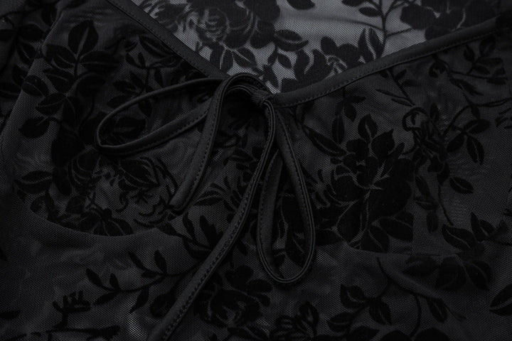 Long sleeve mesh see through v neck self tie top