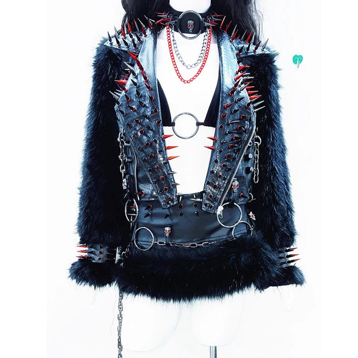 Long sleeve fluffy o ring zip-up rivet applique top