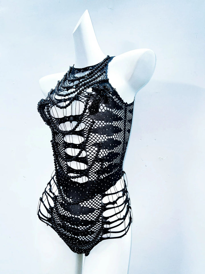 Hollow out beaded sleeveless see through bodysuit