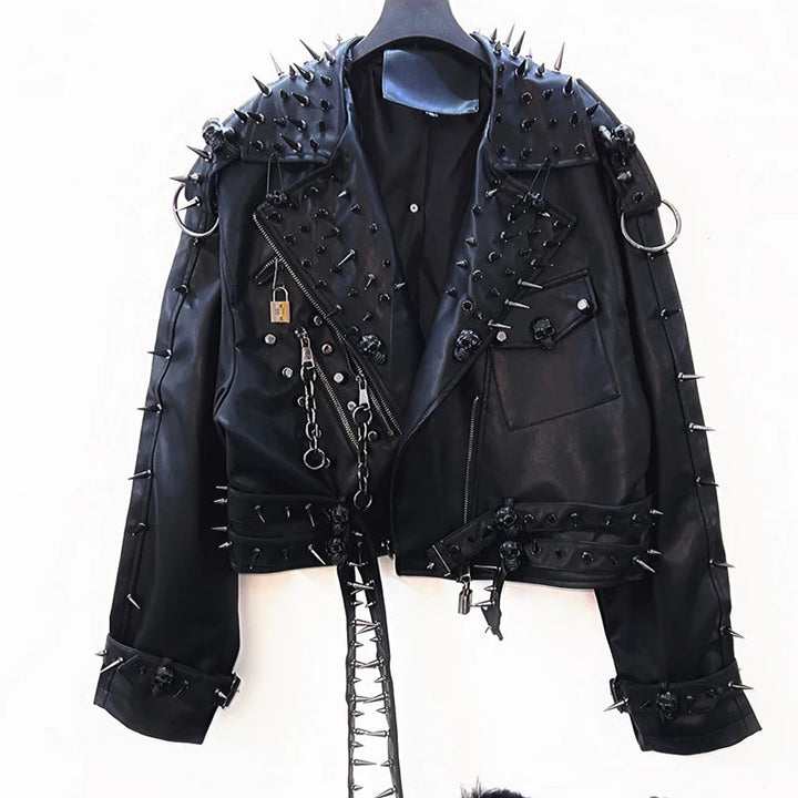 PU leather long sleeve zip-up rivet applique o ring top