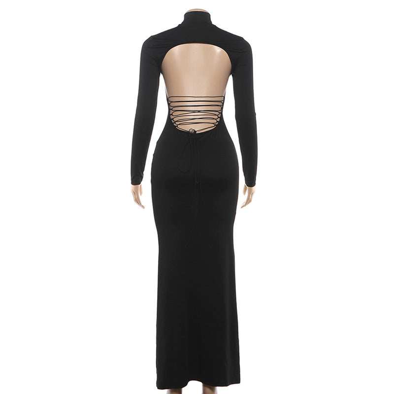 Long sleeve high neck backless self tie maxi dress  | Festival Outfits Women