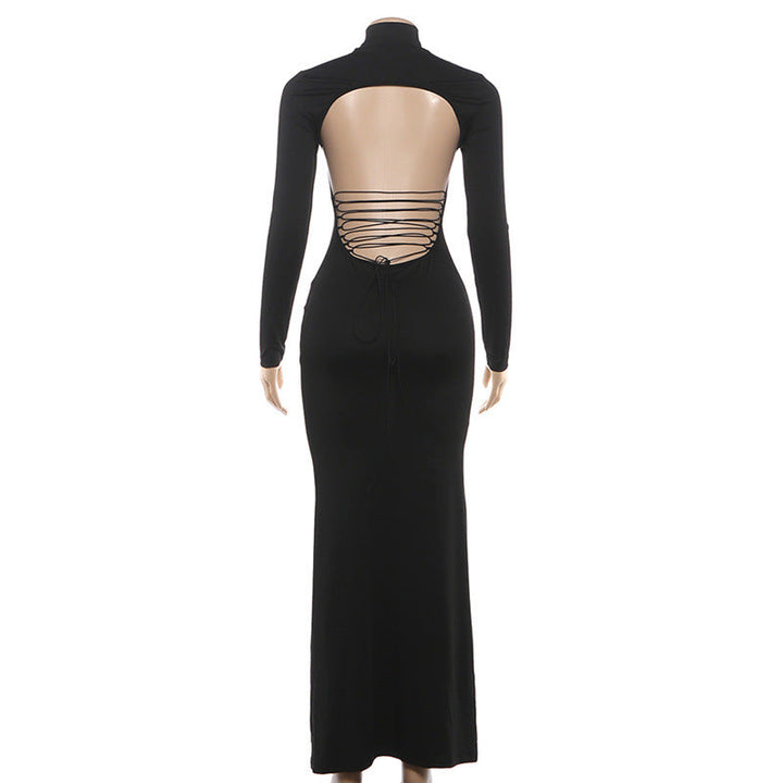 Long sleeve high neck backless self tie maxi dress  | Festival Outfits Women