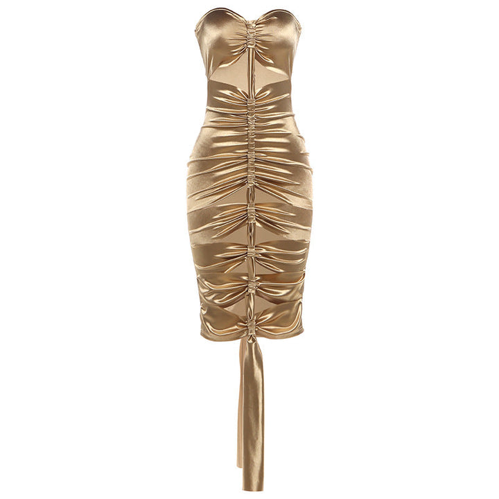Hollow out ruched metallic tube mini dress  | Festival Outfits Women