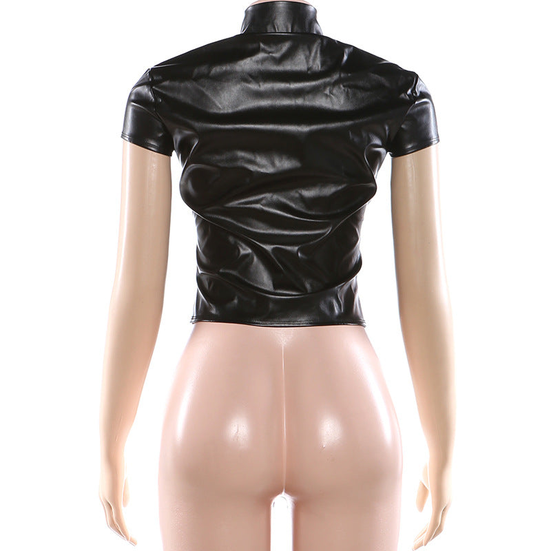 Short sleeve PU leather high neck top  | Festival Outfits Women