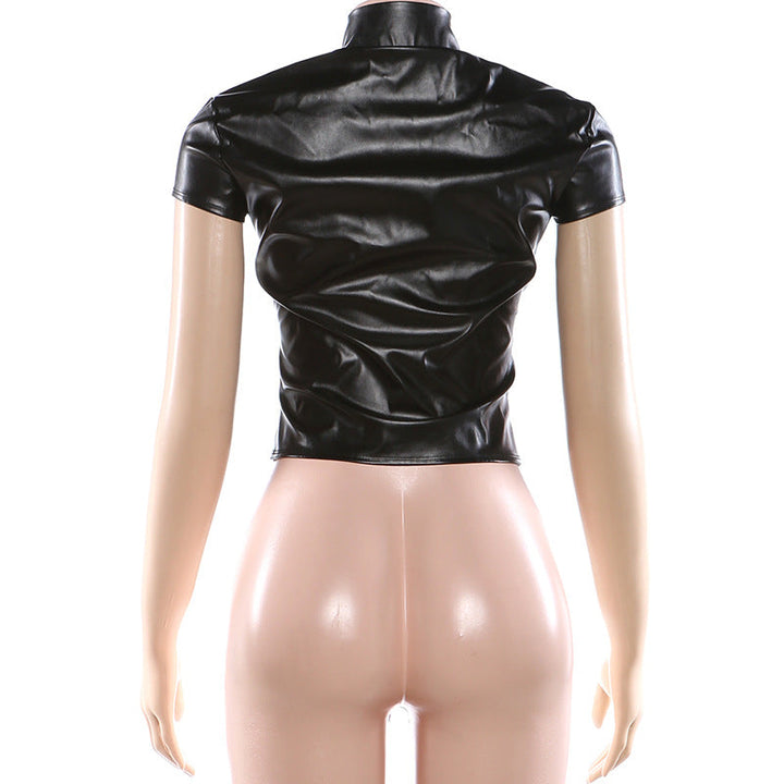 Short sleeve PU leather high neck top  | Festival Outfits Women