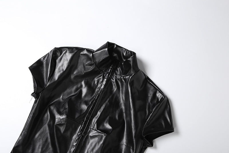 Short sleeve PU leather high neck top  | Festival Outfits Women