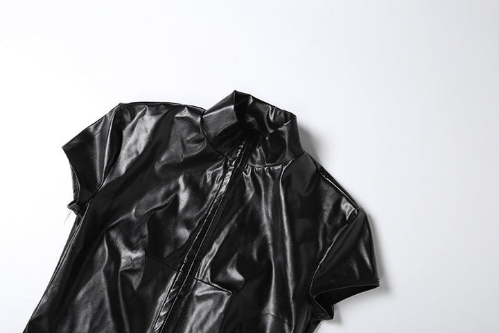 Short sleeve PU leather high neck top  | Festival Outfits Women