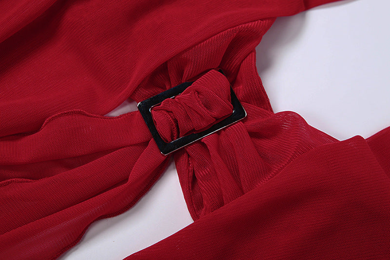 Self tie halter hollow out ruffle mesh mini dress  | Festival Outfits Women