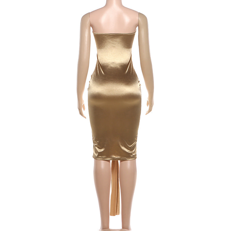 Hollow out ruched metallic tube mini dress  | Festival Outfits Women