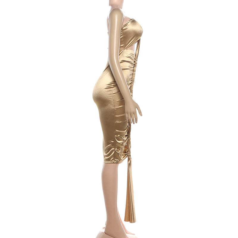 Hollow out ruched metallic tube mini dress  | Festival Outfits Women