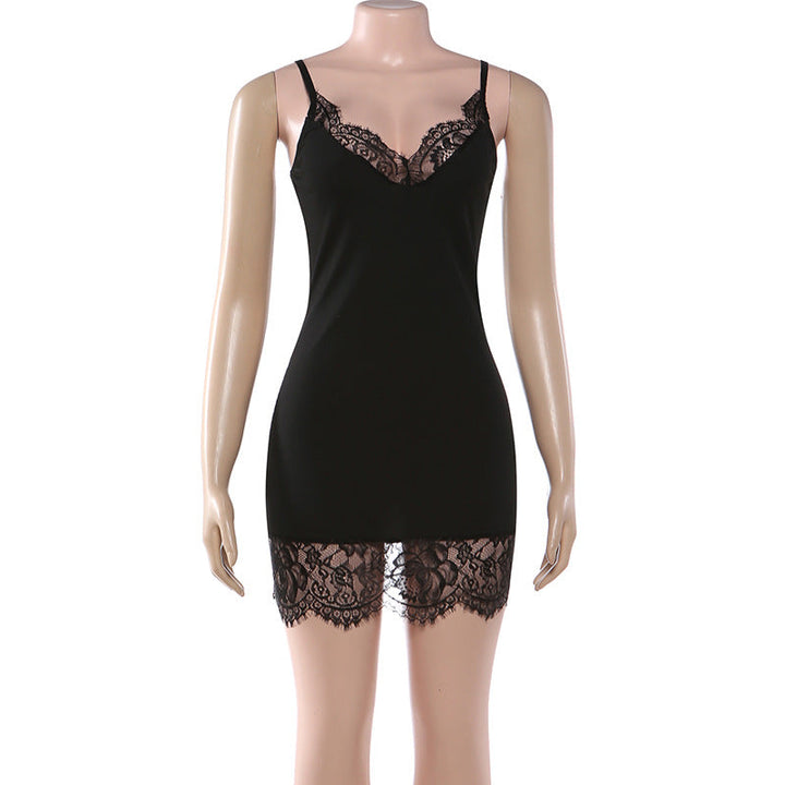 Lace hem v neck ribbed backless cami mini dress  | Festival Outfits Women