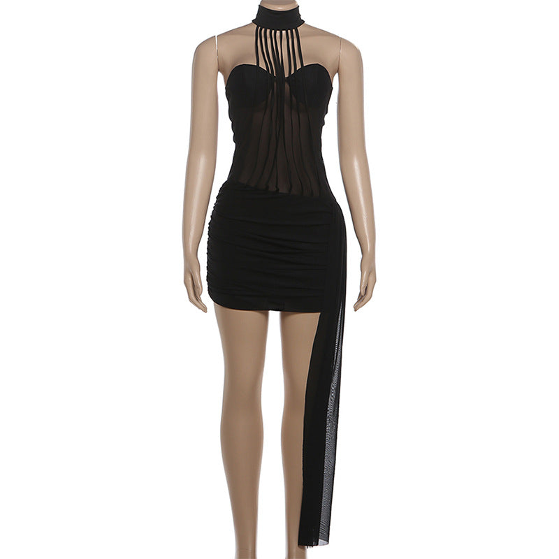 High neck ruched irregular mesh solid mini dress  | Festival Outfits Women